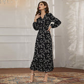 Fall Arrival V neck Small Floral Dress Long Sleeve Black Maxi Dress